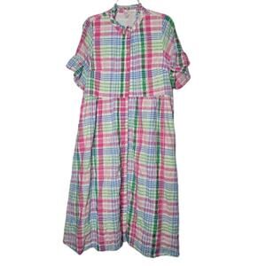 Crown & Ivy Plaid eyelet button up Dress Midi Size XL Pockets flutter sleeve